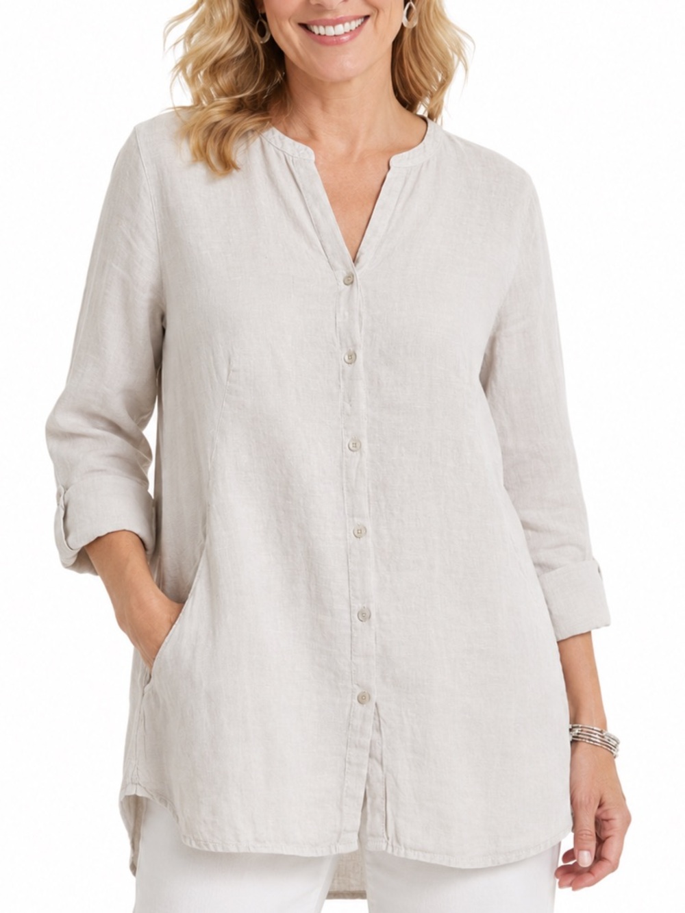Sigrid Olsen Light Beige Button-Down Linen Tunic